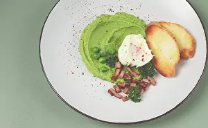 Vegetarian Breakfast Options Prints: Mashed peas, with boiled egg, fried bacon