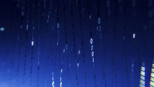 Futuristic Design Concept Prints: A 3D rendered illustration of binary code floating across a gradient blue background