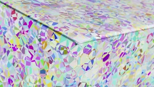 Computer Generated Graphics Prints: This digital artwork features a mesmerizing array of iridescent geometric patterns rendered in 3D
