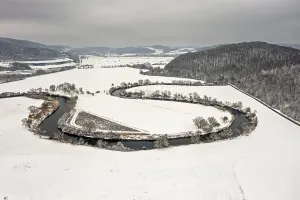 Agricultural Landscapes Germany Prints: River flows in a loop through snow-covered fields