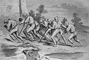 Wood Engraving Art History Prints: Men pulling a ship on the Treidelweg path