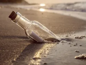 Environmental Pollution Effects Prints: Message in the bottle washed ashore against the Sun setting down
