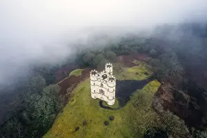 Prints of Misty morning over Haldon Belvedere from a drone, Lawrence Castle, Higher Ashton, Exeter, Devon, England, United Kingdom Exeter Prints: Misty Morning Print over Haldon Belvedere, Devon, England