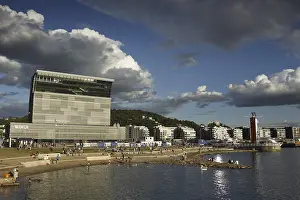Modern Architecture Norway Prints: Modern building on the beach with dramatic clouds in the sky