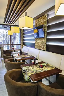 Gastronomy Photography Ideas Prints: Modern restaurant interior with tables and sofas