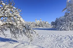 Alpine Foothills Scenery Prints: Monastery in the snow, trees, winter