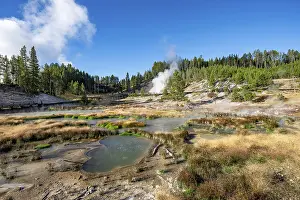 Geothermal Power USA Prints: Mud Volcano, steaming thermal spring in the back