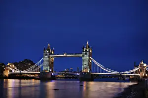 Prints of Night view, Thames, Tower Bridge, illuminated, behind Canary Wharf, blue hour, dusk, London, England, Great Britain, Great Britain Tower Bridge Prints: Night view, Thames, Tower Bridge Print, London England