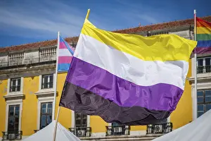 Images Dated 21st June 2024: Nonbinary Pride Flag Waves in Lisbon Sky Print