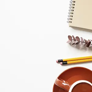 Stationery Supplies Image Prints: Notebook, eucalyptus leaf, pencil