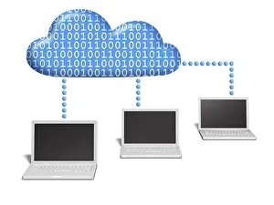 Digital Data Storage Device Prints: Three notebooks connected to a cloud which is filled with binary code