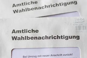 Prints of Official election notification, for the European Parliament, the regional assembly, the district council, the municipal council, on 09 June 2024, envelope, Baden-Wurttemberg Politic Prints: Official Election Notification Print, Baden-Wurttemberg, Germany June 2024
