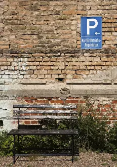 Old Stone Wall Europe Prints: Old bench in front of dilapitated wall