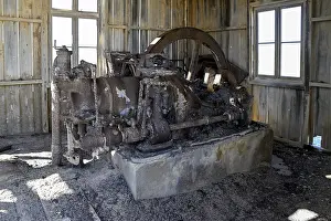 Namibia Desert Landscape Photo Prints: Old engine in a dilapidated building