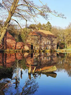 Deserted Forest Lake Scene Prints: Old mill on a forest lake, reflection