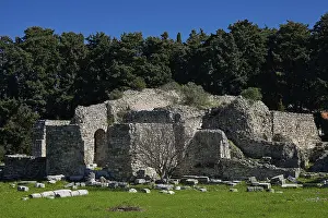 Kos Island Greece Prints: Old massive stone structures surrounded by trees under a clear blue sky