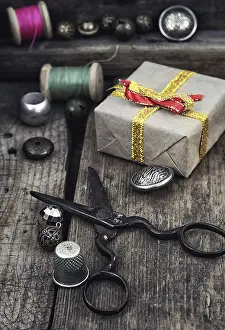 Embroidery Supplies Prints: Old scissors, spools of thread