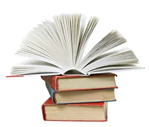 White Background Copy Space Prints: Open book on top of stack of books isolated on white background