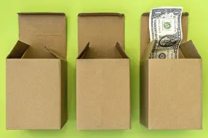 US Dollar Note Picture Prints: Three open boxes and dollar bulging out of one of them