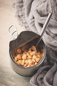 Selective Focus On Corn Prints: Open tin can, with corn, top view