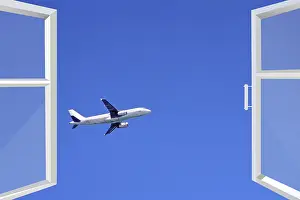 Air Transport Aviation Industry Prints: Opened window with view to flying plane