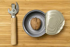 Kitchen Utensil Image Prints: Can opener and opened tin can with a single walnut inside