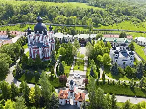 Prints of Orthodox monastery with ornate architecture and greenery, nestled in nature, aerial view, Cathedral of the Nativity of the Virgin Mary, Curchi monastery, Orhei district, Republic of Moldova, Moldova Moldova Prints: Orthodox Monastery Print, Moldova - Aerial View