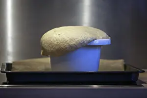 Fermentation Process Prints: Overflowing bread dough in a baking tin shows the fermentation process in the kitchen