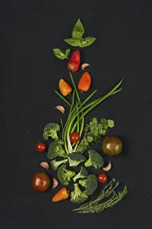 Raw Vegetable Composition Prints: Overhead composition with fresh spring onion
