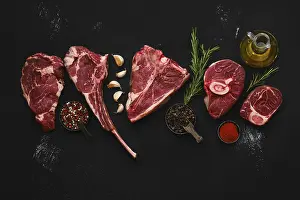 Organic Beef Products Prints: Overhead composition with raw prime beef cuts