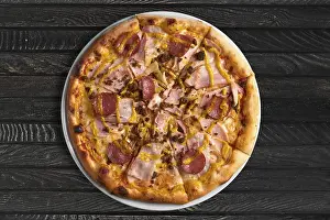 Pizza Ingredients Prints: Overhead view of pizza on the table