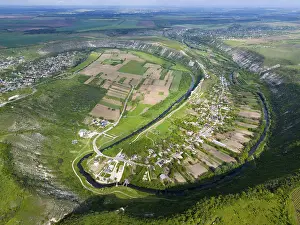 Prints of Overview of a village in a vast, green landscape with fields and a river, aerial view, Butuceni, Raut, Old Orhei, Orheiul Vechi, archaeological site, protected landscape area, Orhei district Moldova Prints: Butuceni Village Print, Orheiul Vechi, Moldova