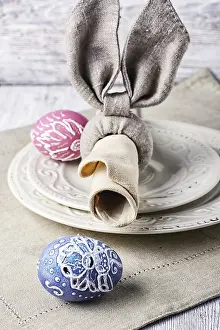 Easter Bunny Figurine Prints: Painted Easter eggs, a plate and a napkin in the form of the Easter Bunny