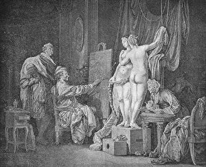 Copper Engraving Print of a Painter and Two Female Models