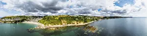 Top Down View Of Cornish Coastline Prints: Panorama of Beach and Cliffs over Looe Bay from a drone