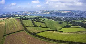 Agricultural Fields UK Prints: Panorama from a drone of fields over Ringmore and River Teign