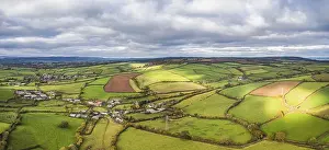 Panoramic View From Above Prints: Panorama over Meadows and Fields over Devon in the colors of fall