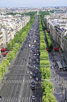 Prints of Panorama, view, from Arc de Triomphe, The Champs-Elysees full of vehicles surrounded by trees and busy sidewalks, Paris, France Panorama, view, from Arc de Triomphe Arc De Triomphe Prints: Panorama Print of Paris from Arc de Triomphe