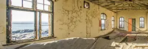 Deserted Construction Site Prints: A panoramic view of the inside of an unused building