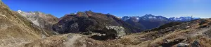 Prints of Panoramic view of the mountains, partly snow-covered peaks and brown meadows under clear skies, Pergpanorama Grimsel Pass, Grimsel Lake, Obergoms, Canton of Valais, Canton of Bern, Switzerland Related Prints: Panoramic View of the Swiss Mountains Print