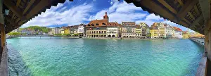 Prints of Panoramic View over Reuss River, Chapel Bridge, Lucerne, Switzerland Chapel Bridge, Switzerland Prints: Panoramic View over Reuss River Print, Lucerne Switzerland
