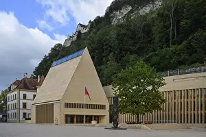 Prints of Parliament building, above Vaduz Castle, Vaduz, Principality of Liechtenstein Liechtenstein Prints: Print of Parliament Building above Vaduz Castle, Vaduz