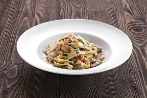 Gourmet Lunch Meal Prints: Pasta with bacon and squid
