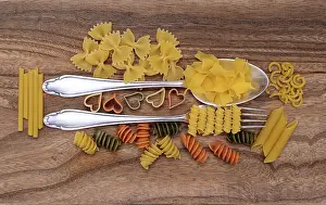 Diverse Pasta Types Prints: Pasta, various various types of pasta with silverware