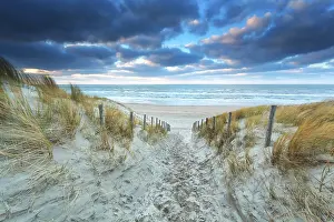 North Holland Beach Prints: Path on sand to beach at sunset