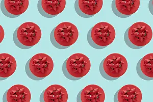 Top View Flat Lay Shot Prints: Pattern red gift box with decorative bow on blue surface top view flat lay