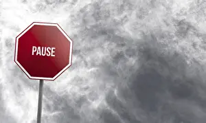 Cloudy Deserted Landscape Prints: Pause, red sign with clouds in background
