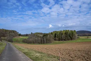 Blue Sky Landscape Prints: Paved road cutting through spring fields