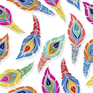 White Background Decor Prints: Peacock seamless vector pattern in colors over white background