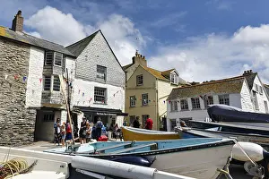 Port Isaac Prints: Pedestrians and Boats in Harbour Print, Port Isaac, Cornwall